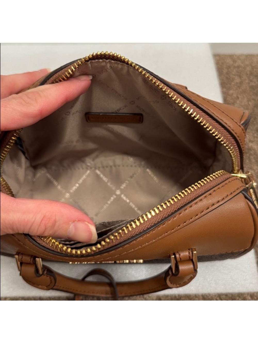 Michael Kors Brown and Tan Logo Dome Satchel with Gold Hardware NWT - Picture 5 of 6